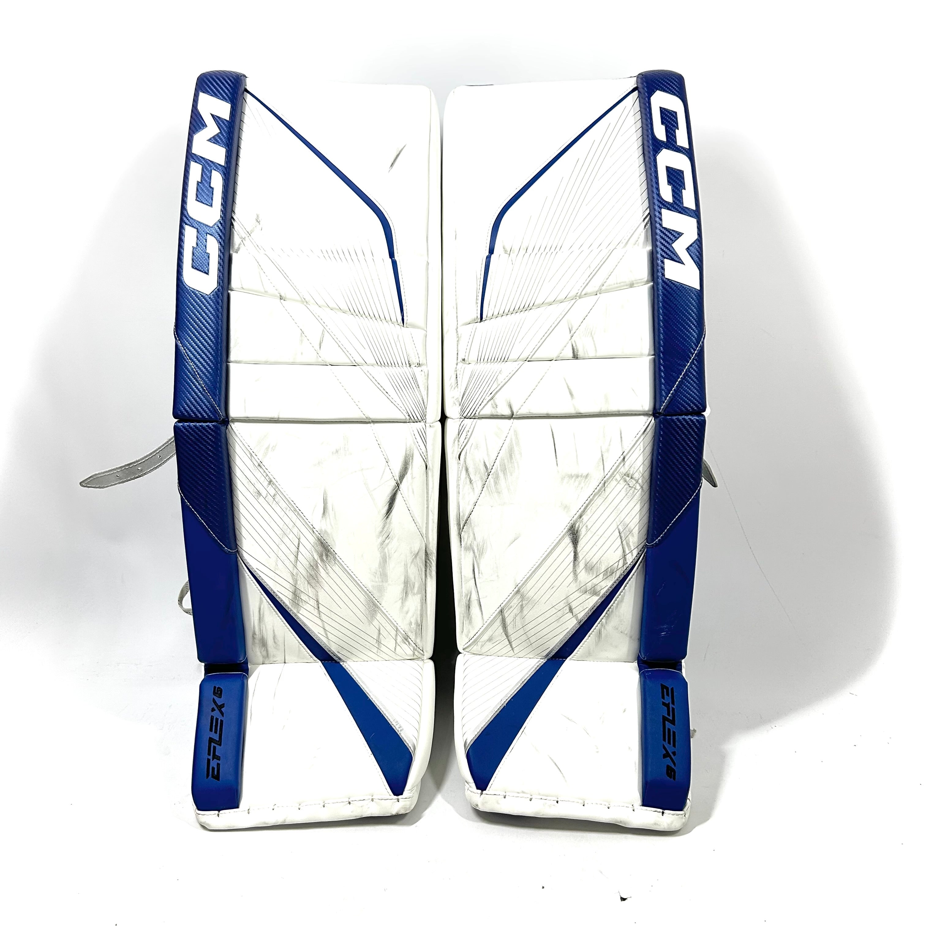 CCM Extreme Flex 6 - Jambières de gardien de but senior CHL Pro Stock d'occasion (blanc/bleu)